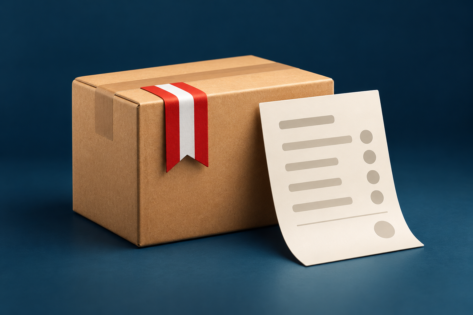 Illustration of a parcel, Austrian red-white-red tag and order paperwork