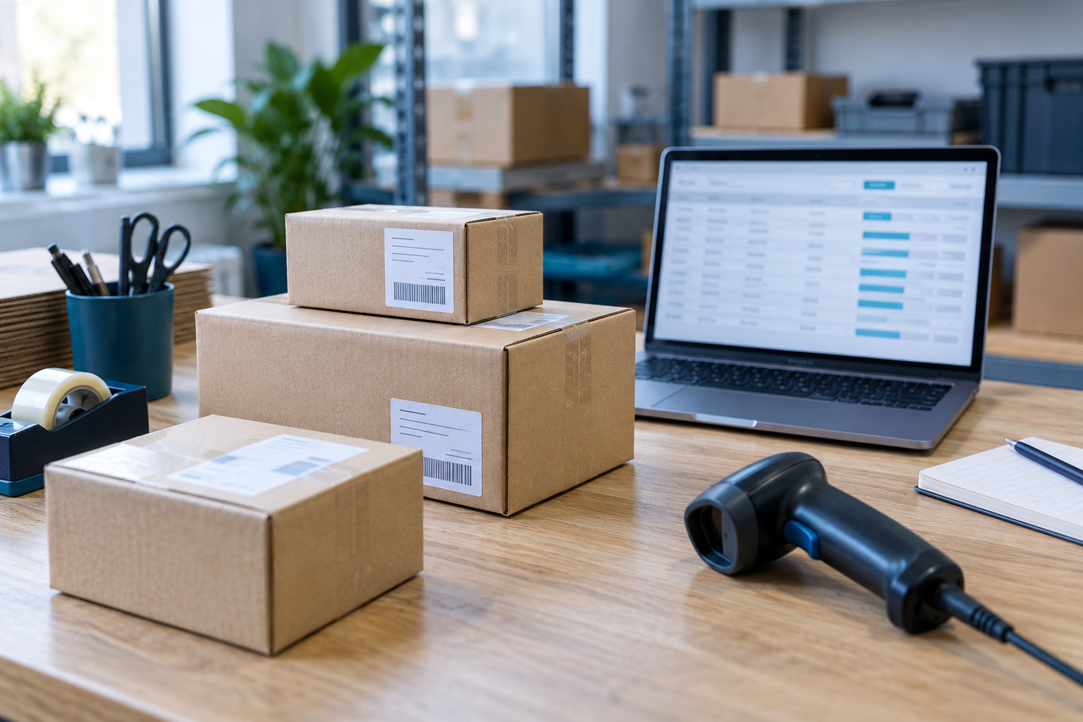 Illustration of small ecommerce parcels, a laptop and a barcode scanner on a fulfilment workbench