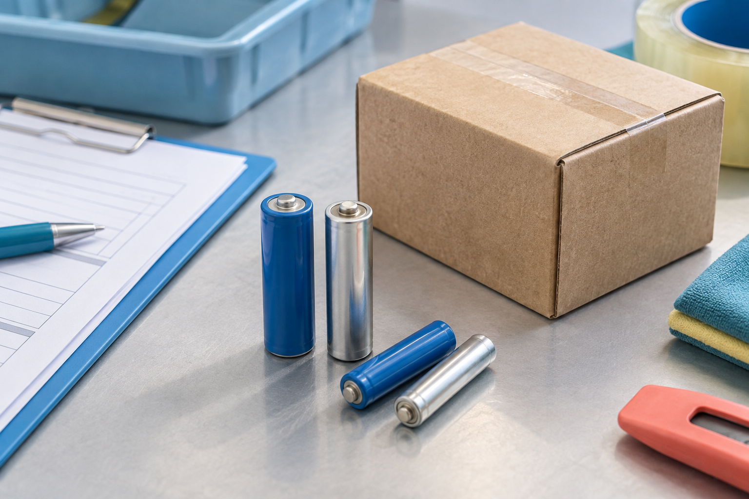 Illustration of unbranded cylindrical batteries beside a parcel