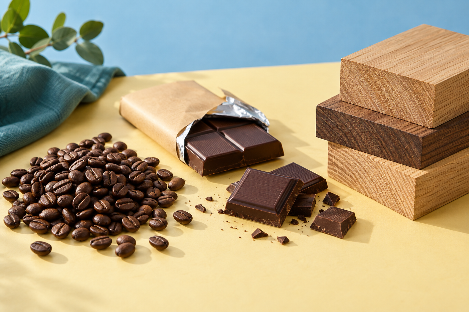 Illustration of coffee, chocolate and wood products on a desk