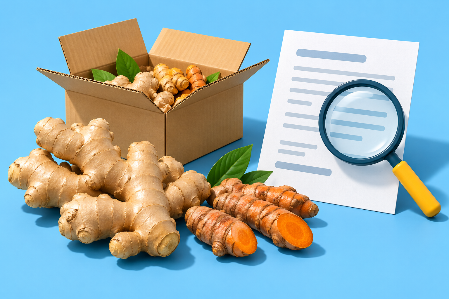 Illustration of fresh ginger and turmeric roots beside a produce box, blank paperwork and magnifying glass