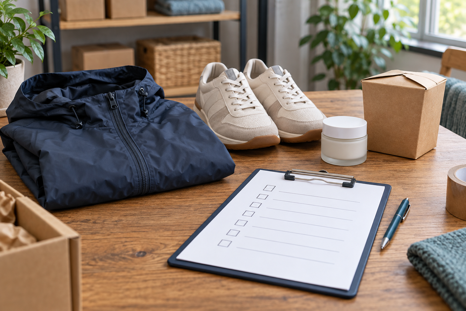 Illustrative retailer product checks: jacket, shoes, cosmetic jar and food carton beside a blank checklist