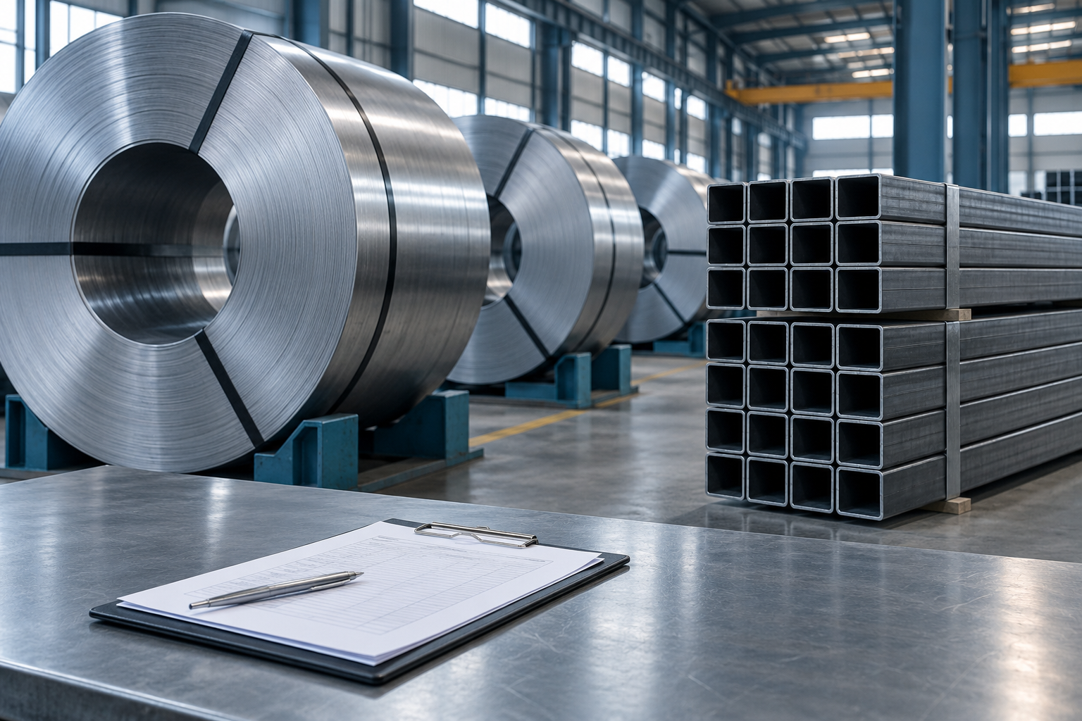 Illustration of steel coils, hollow-section tubes and unbranded paperwork in a warehouse