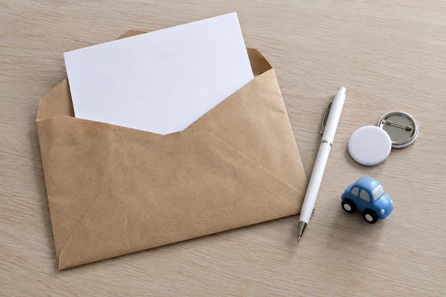 Illustrative still life of a plain envelope and paper beside an unbranded pen, pin badges and a small toy car