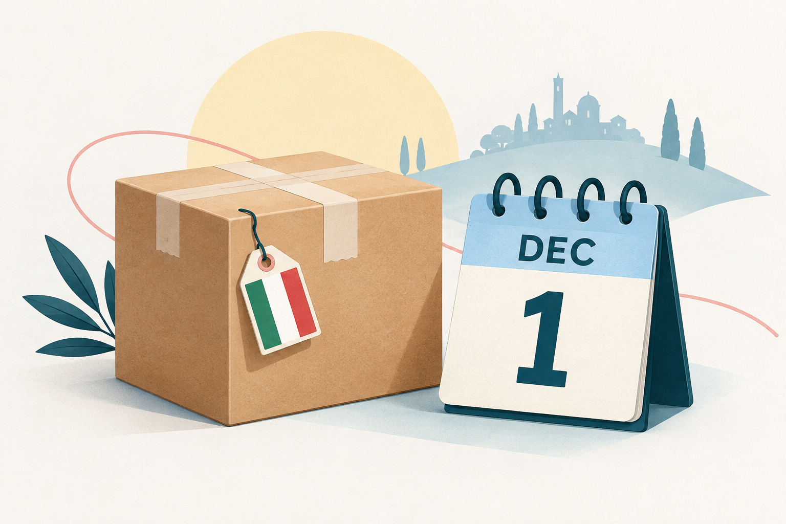 Parcel with an Italian flag tag beside a calendar marked December 1