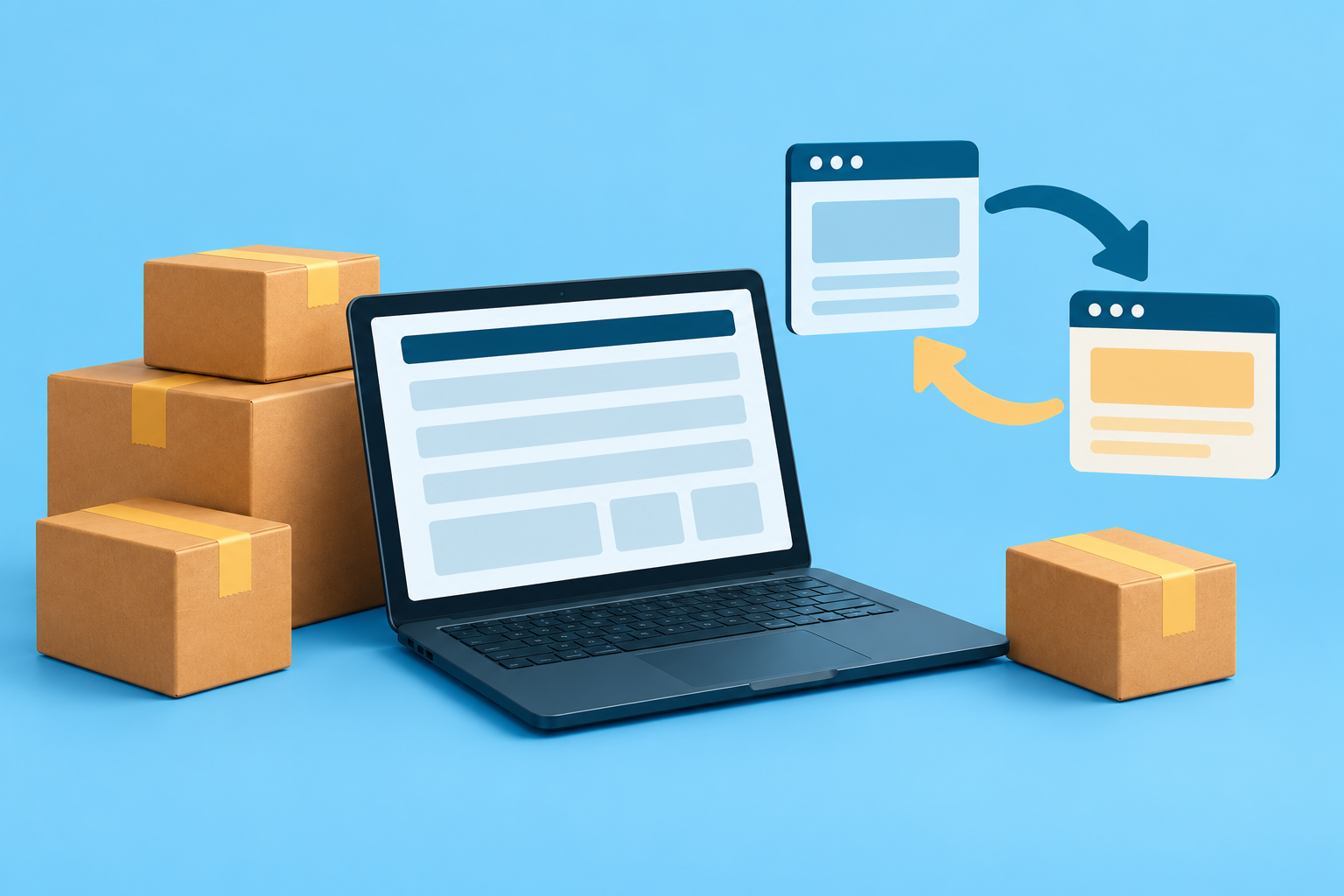 Illustration of shipping parcels beside a laptop and two abstract screens linked by transition arrows