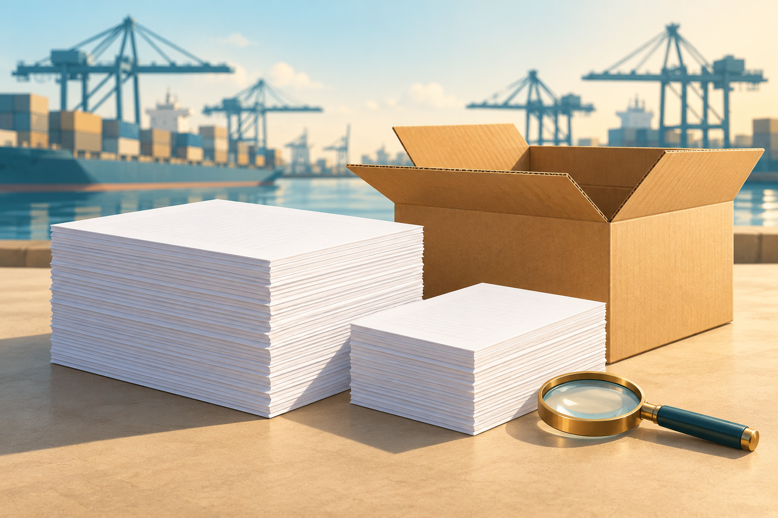 Illustration of two stacks of office paper, a shipping carton and a magnifying glass