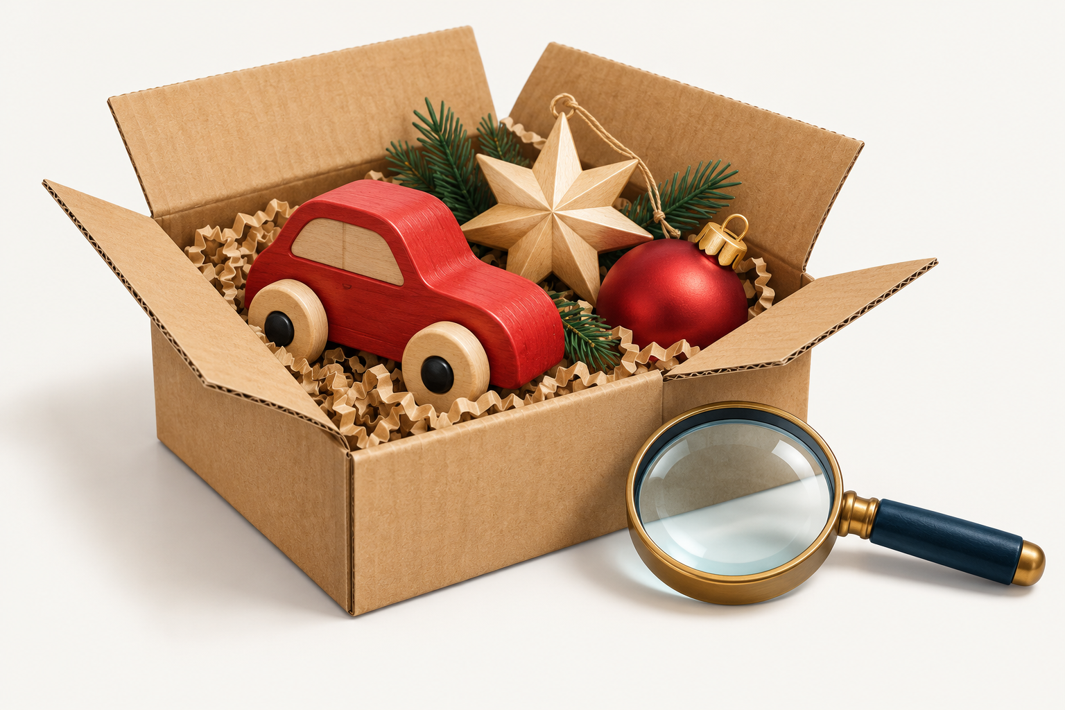 Illustration of a toy car and festive decorations in a shipping carton beside a magnifying glass