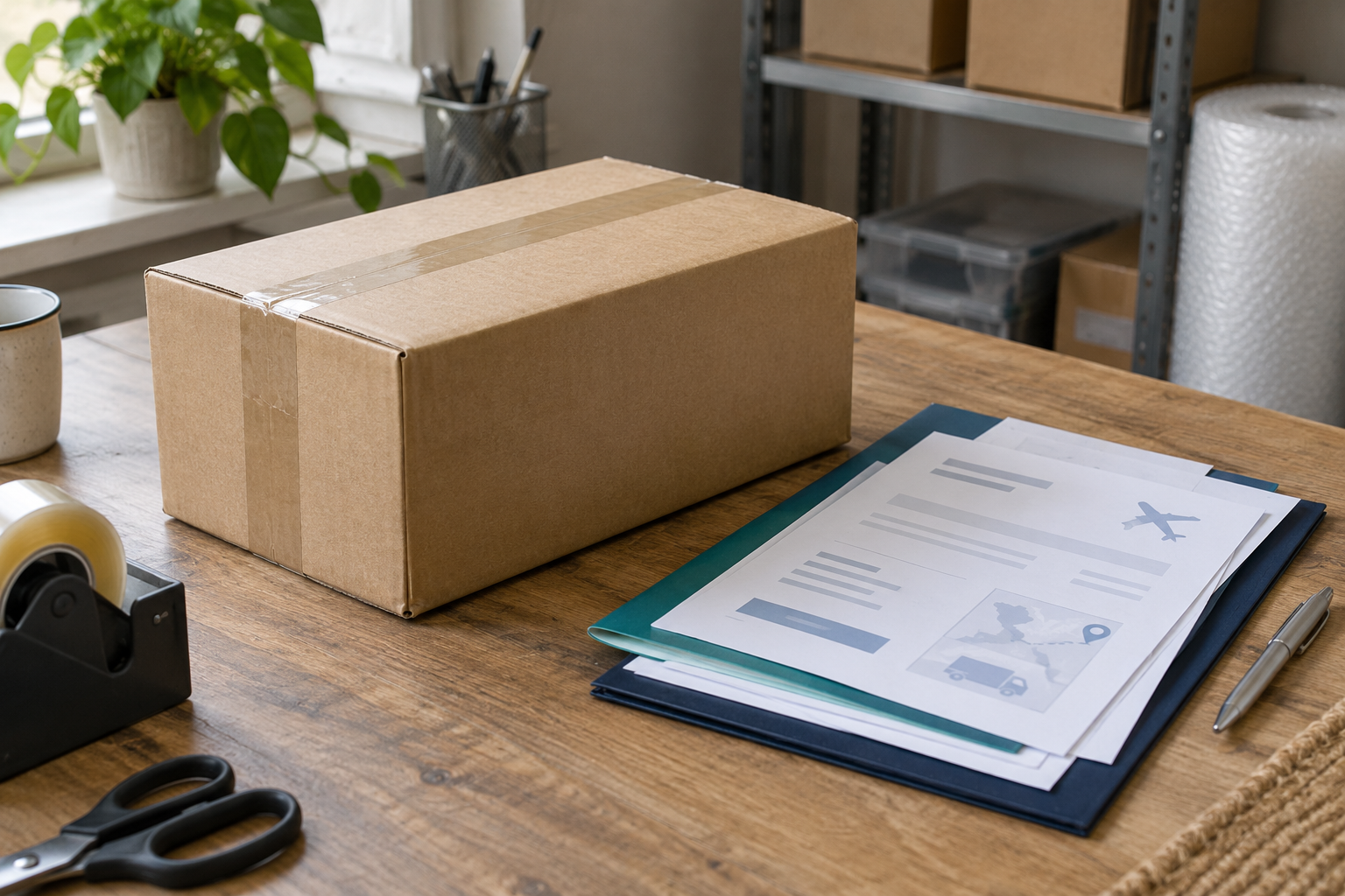 Illustration of an export parcel beside invoice and transport paperwork on a retailer’s packing bench