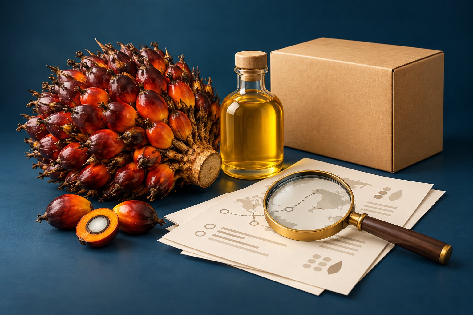 Illustration of palm fruit, an unlabelled oil bottle, a parcel and a magnifying glass over traceability paperwork