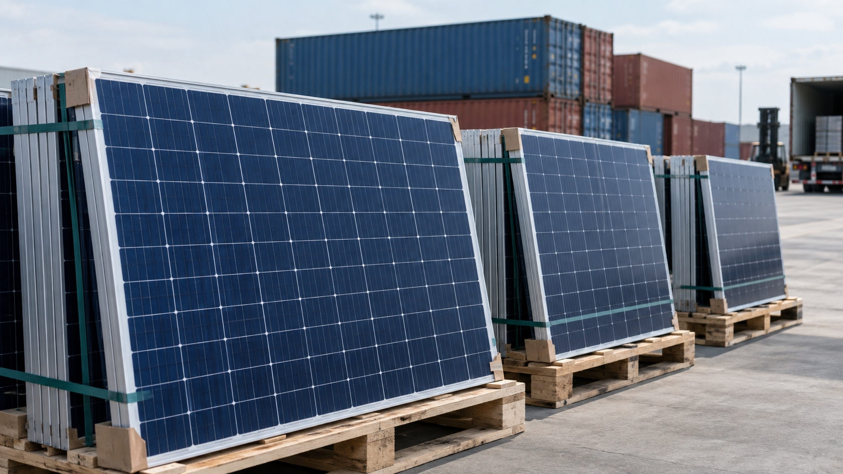 Illustrative scene of solar modules secured on pallets beside shipping containers
