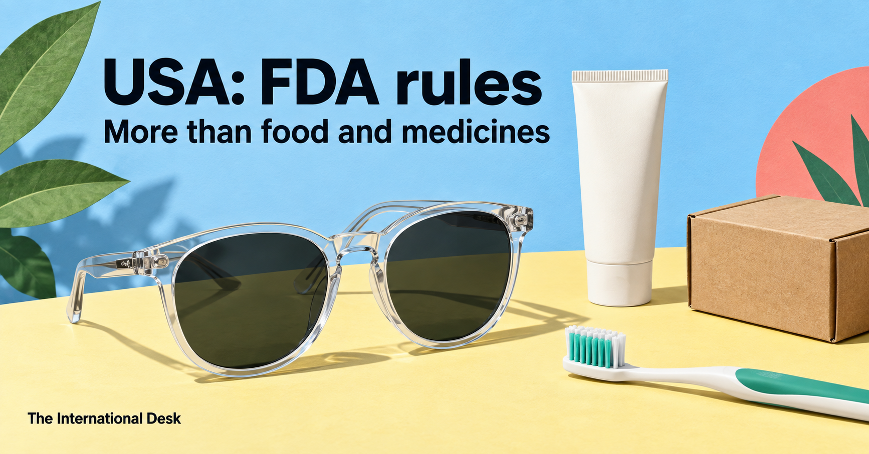 USA: FDA rules — More than food and medicines. Sunglasses, a toothbrush, skincare and a parcel illustrate the guide.